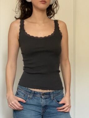 Women's French Silk Tank Top with Lace Details- Charcoal